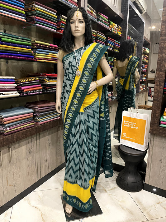 OT24A103 Green Yellow Handloom Pochampally Ikkat Mercerized Cotton Saree