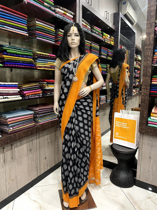 OT24A105 Black Yellow Handloom Pochampally Ikkat Mercerized Cotton Saree