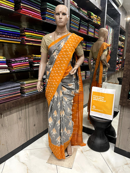 OT24A106 Grey Yellow Handloom Pochampally Ikkat Mercerized Cotton Saree