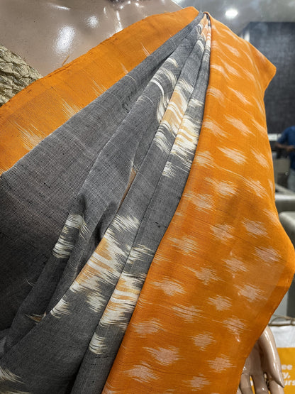 OT24A106 Grey Yellow Handloom Pochampally Ikkat Mercerized Cotton Saree