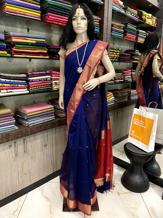 OT24A162 Blue Red Pure Handloom Maheshwari Silk Saree