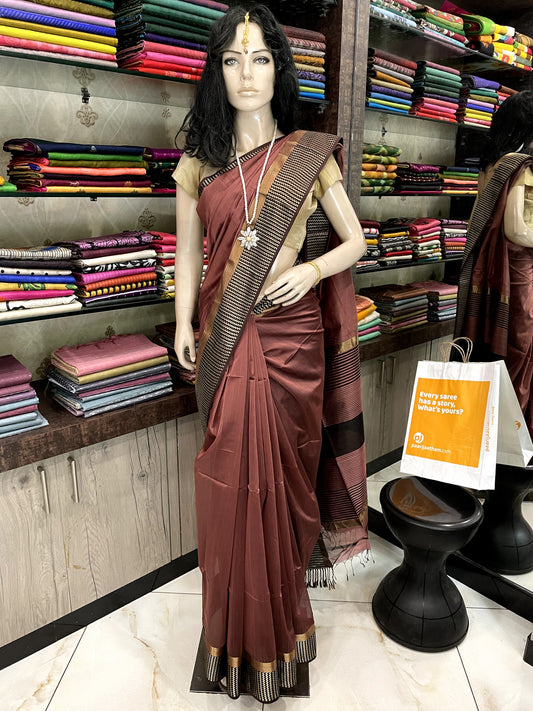 OT24A165 Peach Black Pure Handloom Maheshwari Silk Saree