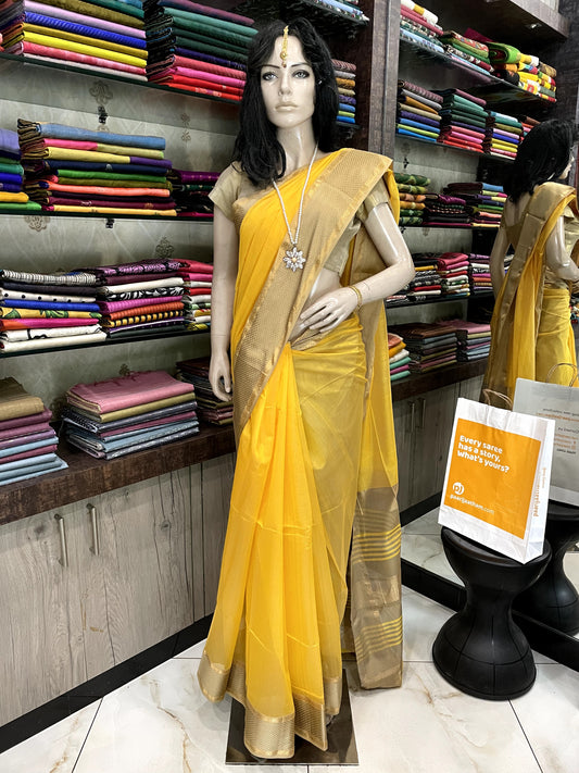 OT24A167 Yellow Gold Pure Handloom Maheshwari Silk Saree