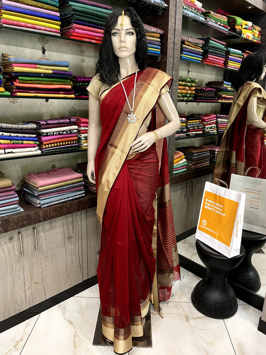 OT24A170 Red Cream Pure Handloom Maheshwari Silk Saree