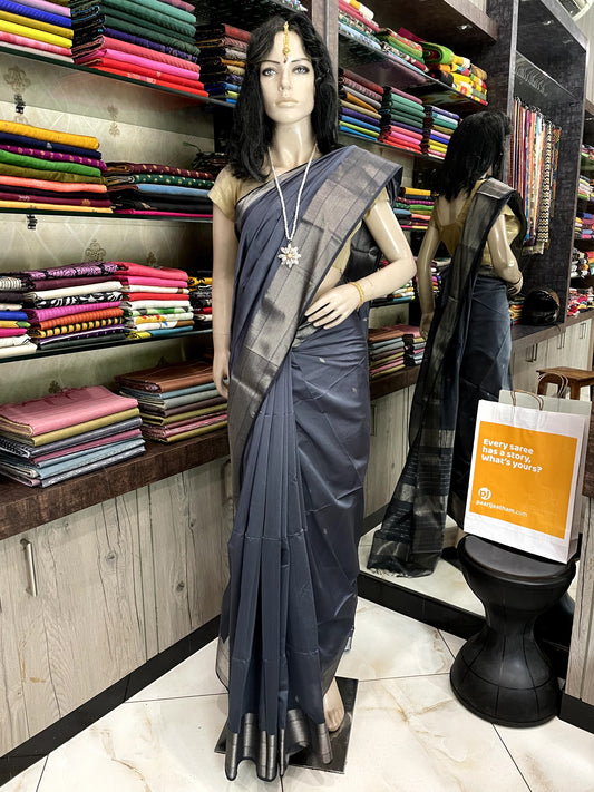 OT24A171 Grey Black Pure Handloom Maheshwari Silk Saree