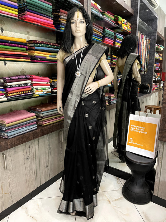 OT24A172 Black Silver Pure Handloom Maheshwari Silk Saree