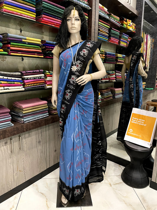 OT24A175 Blue Black Handloom Pochampally Ikkat Mercerized Cotton Saree