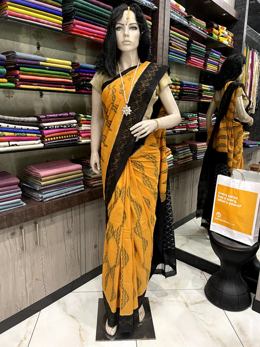 OT24A176 Yellow Black Handloom Pochampally Ikkat Mercerized Cotton Saree