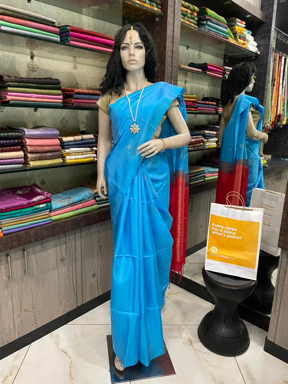 OT25A071 Blue Red Pure Handloom Soft Silk Saree