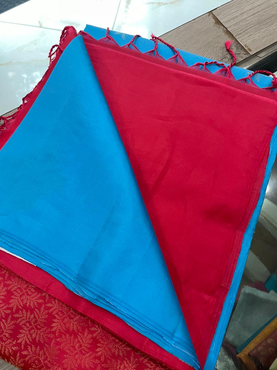 OT25A071 Blue Red Pure Handloom Soft Silk Saree