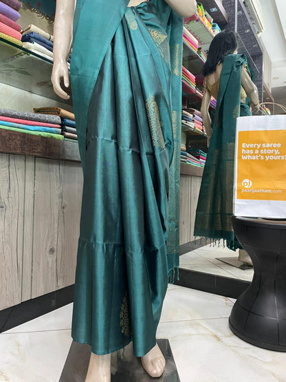 OT25A080 Teal Pure Handloom Soft Silk Saree