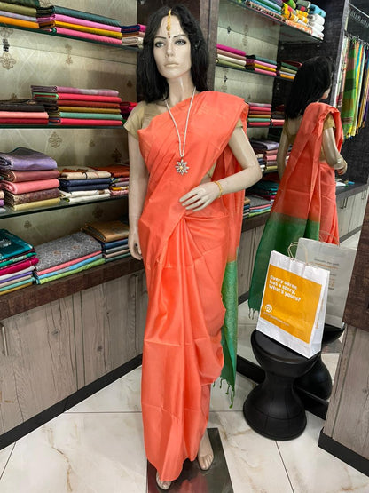 OT25A085 Orange Pure Handloom Soft Silk Saree