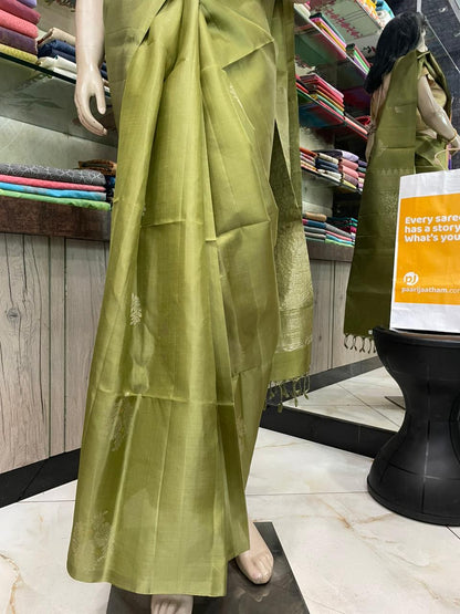 OT25A096 Olive Green Pure Handloom Soft Silk Saree
