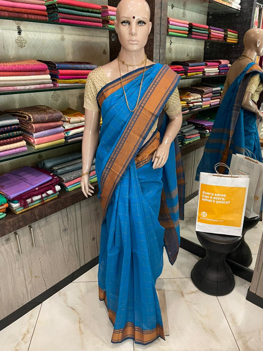 OT25A204 Blue Pure Handloom Chettinad Cotton Saree