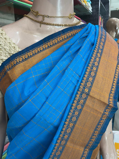 OT25A204 Blue Pure Handloom Chettinad Cotton Saree