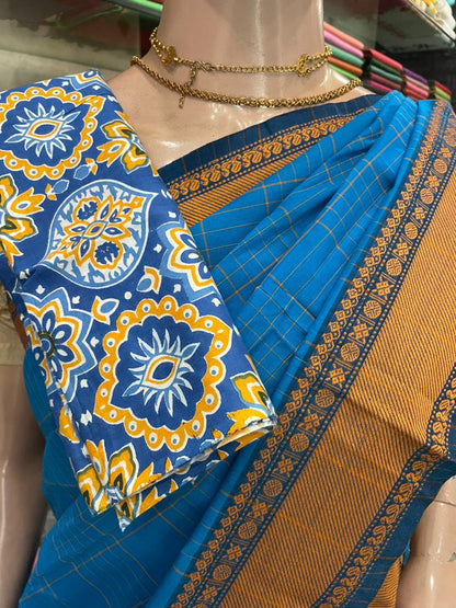 OT25A204 Blue Pure Handloom Chettinad Cotton Saree