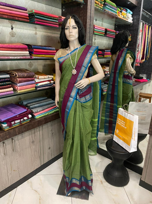 OT25A207 Olive Green Pure Handloom Chettinad Cotton Saree