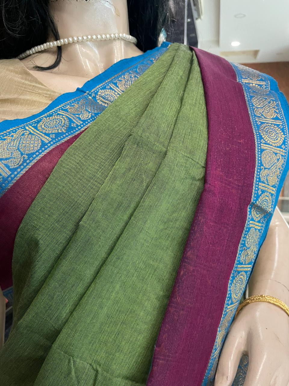 OT25A207 Olive Green Pure Handloom Chettinad Cotton Saree
