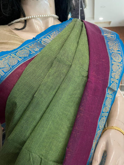 OT25A207 Olive Green Pure Handloom Chettinad Cotton Saree