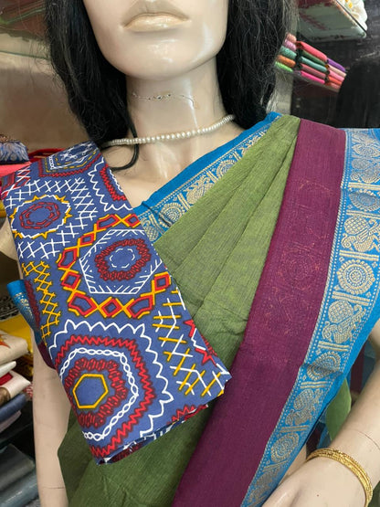 OT25A207 Olive Green Pure Handloom Chettinad Cotton Saree