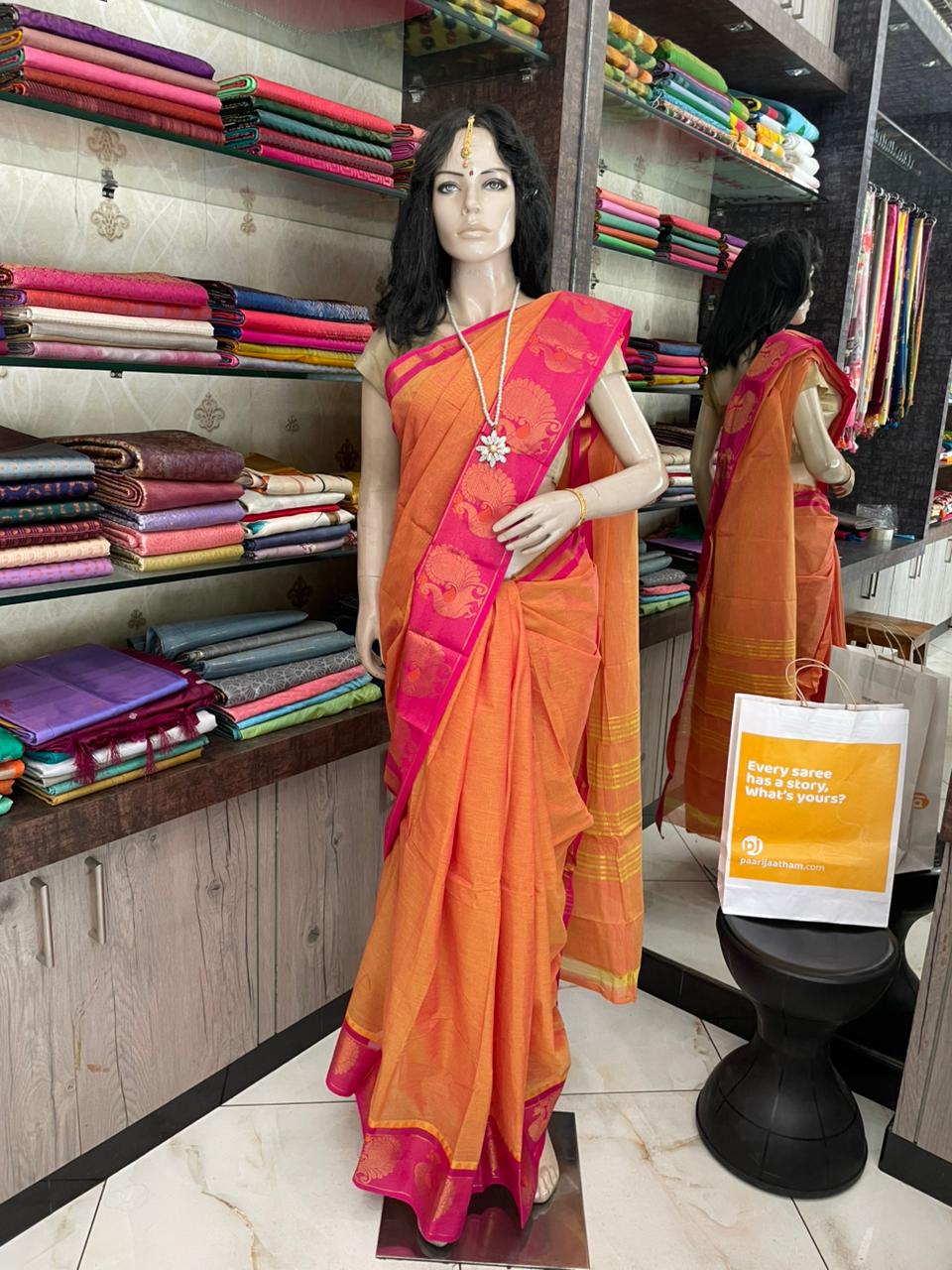 OT25A209 Orange Pure Handloom Chettinad Cotton Saree
