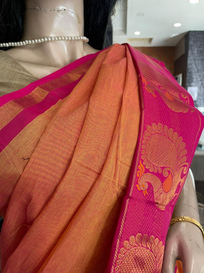 OT25A209 Orange Pure Handloom Chettinad Cotton Saree
