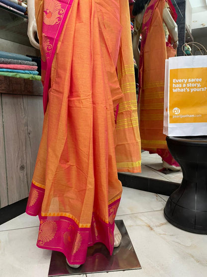 OT25A209 Orange Pure Handloom Chettinad Cotton Saree