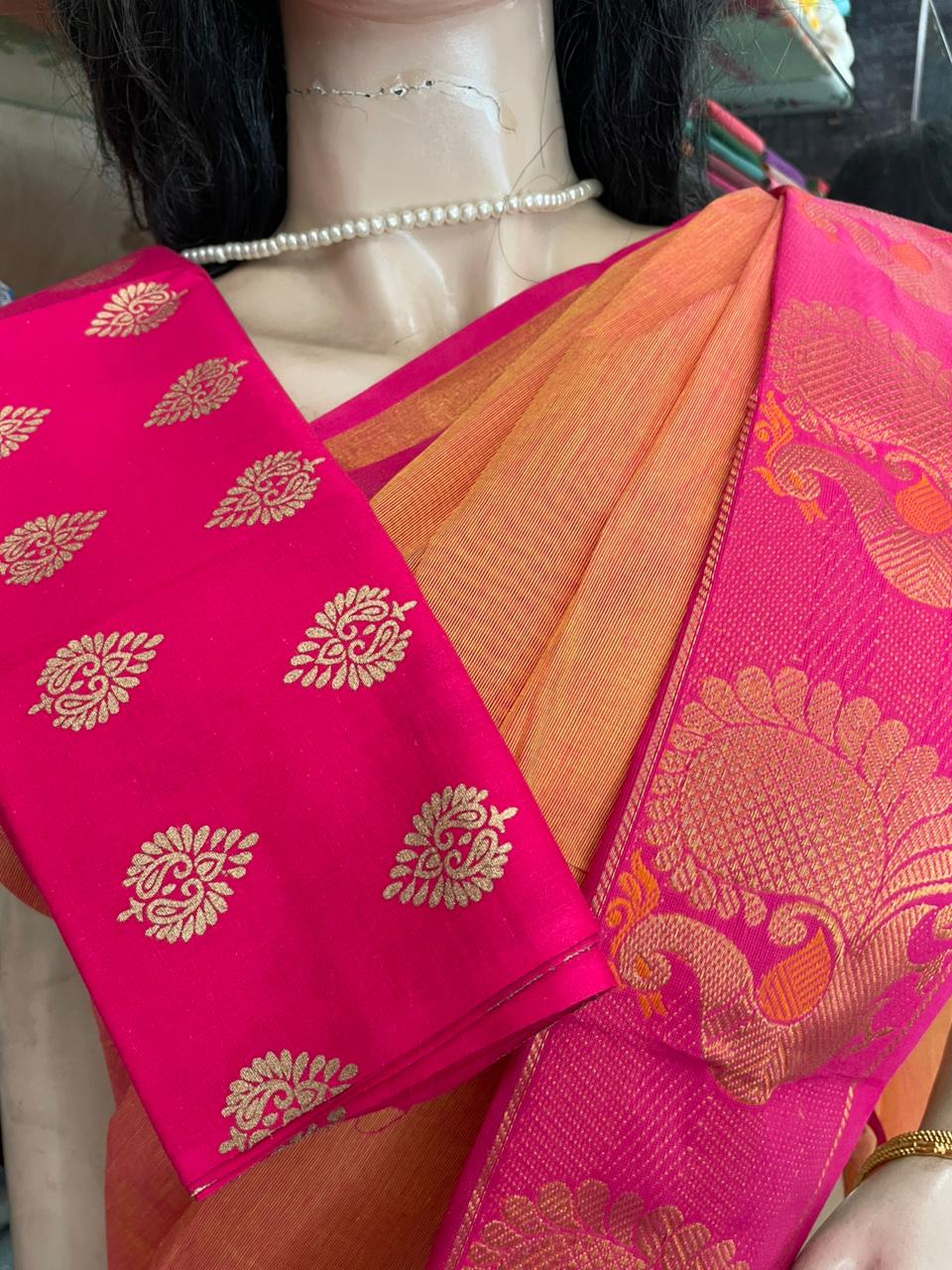 OT25A209 Orange Pure Handloom Chettinad Cotton Saree