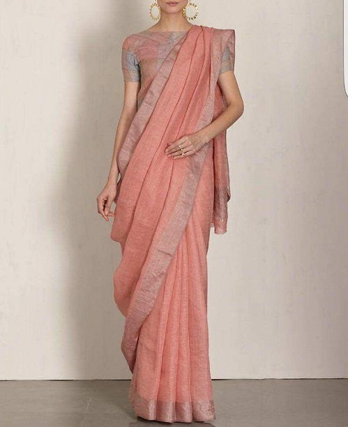 PJAU17A033 Peach Silver Pure Handloom Linen Saree