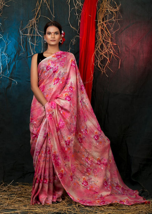 PJDC24A003 Rose Cream Pure Handloom Linen Printed Saree