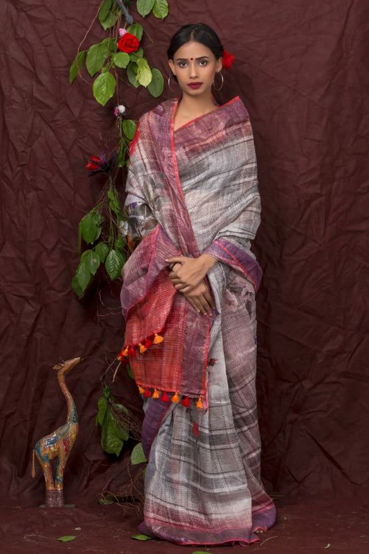 PJDC24A007 Grey Purple Pure Handloom Linen Printed Saree