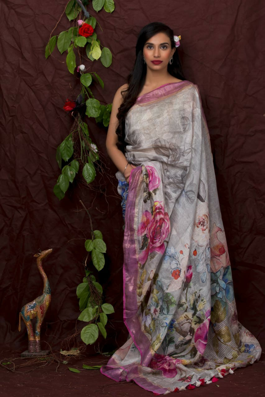 PJDC24A008 Grey Rose Pure Handloom Linen Printed Saree