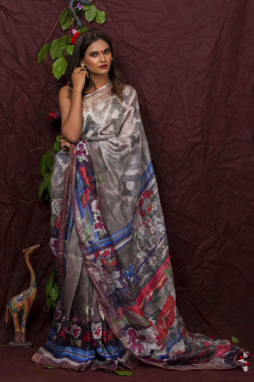 PJDC24A009 Grey Blue Pure Handloom Linen Printed Saree