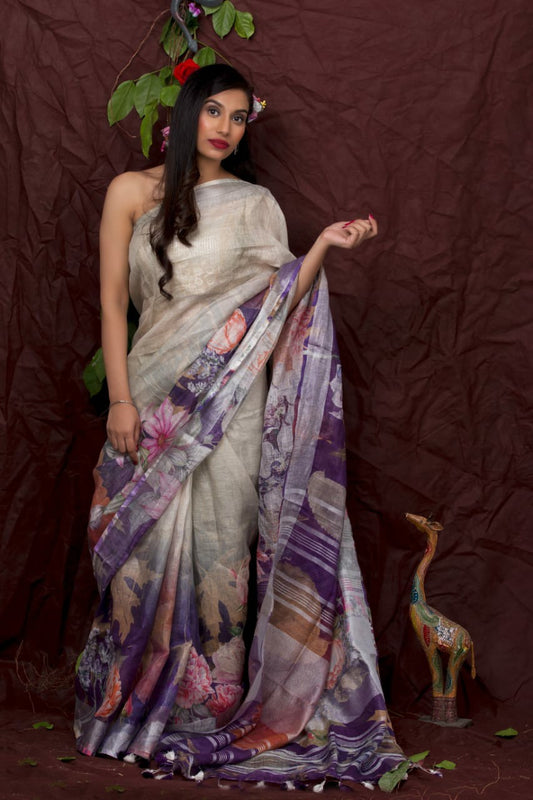 PJDC24A010 Cream Purple Pure Handloom Linen Printed Saree