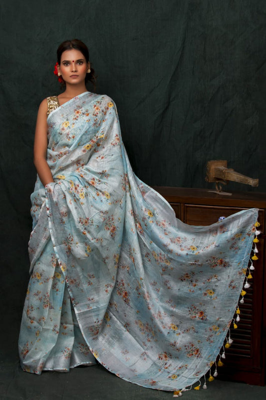 PJDC24A015 Blue Yellow Pure Handloom Linen Printed Saree