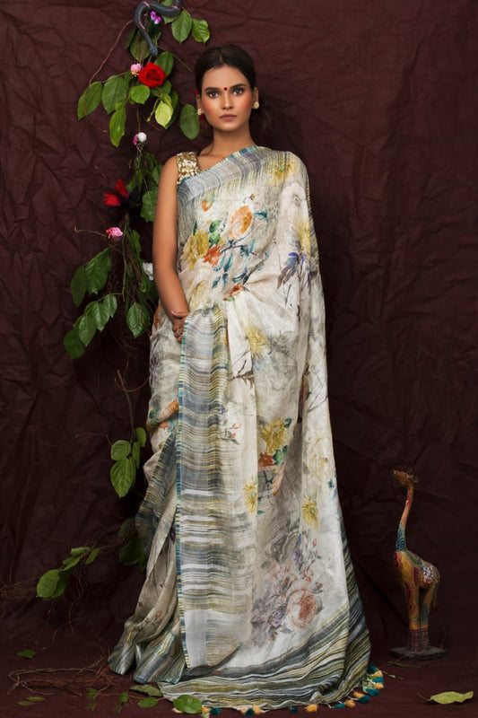 PJDC24A016 White Yellow Pure Handloom Linen Printed Saree