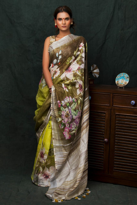 PJDC24A017 Green White Pure Handloom Linen Printed Saree