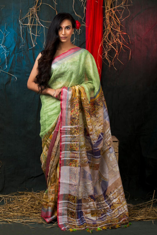 PJDC24A018 Green Peach Pure Handloom Linen Printed Saree