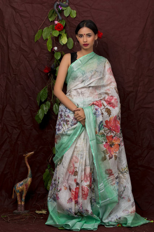 PJDC24A019 White Green Pure Handloom Linen Printed Saree