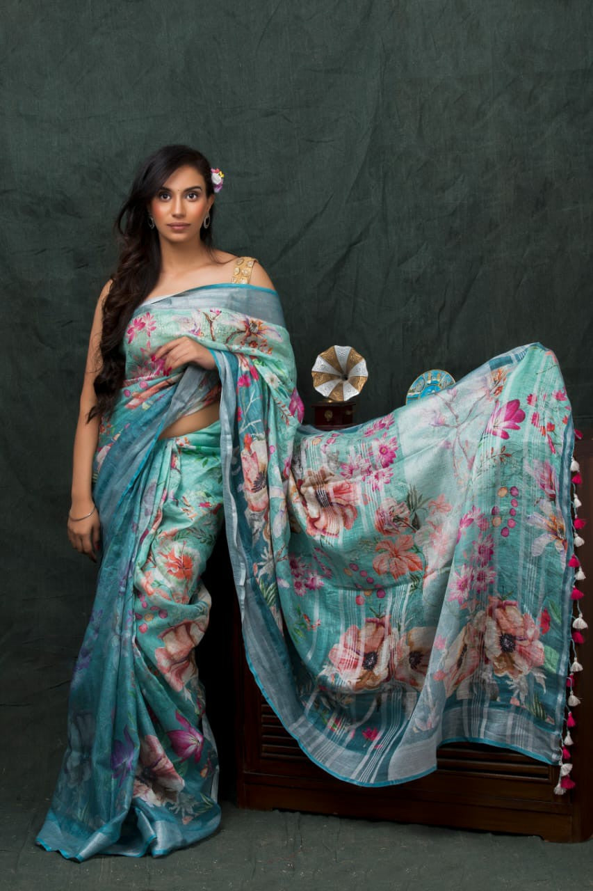 PJDC24A020 Blue Rose Pure Handloom Linen Printed Saree