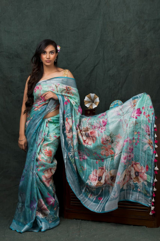 PJDC24A020 Blue Rose Pure Handloom Linen Printed Saree