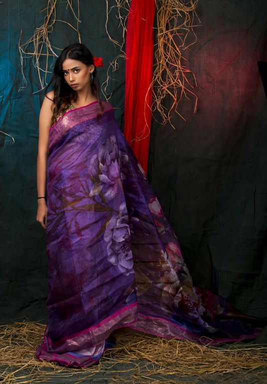 PJDC24A026 Purple Rose Pure Handloom Linen Printed Saree