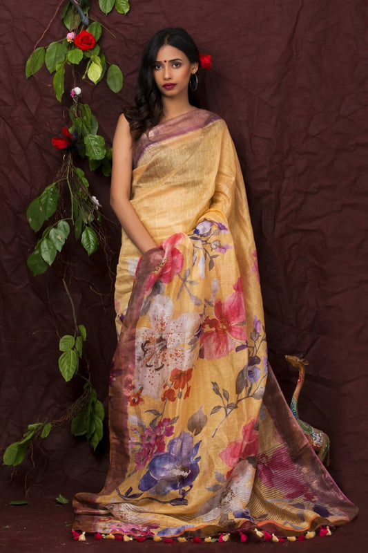 PJDC24A028 Yellow Peach Pure Handloom Linen Printed Saree