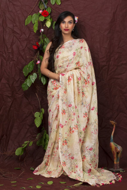 PJDC24A029 Cream Peach Pure Handloom Linen Printed Saree