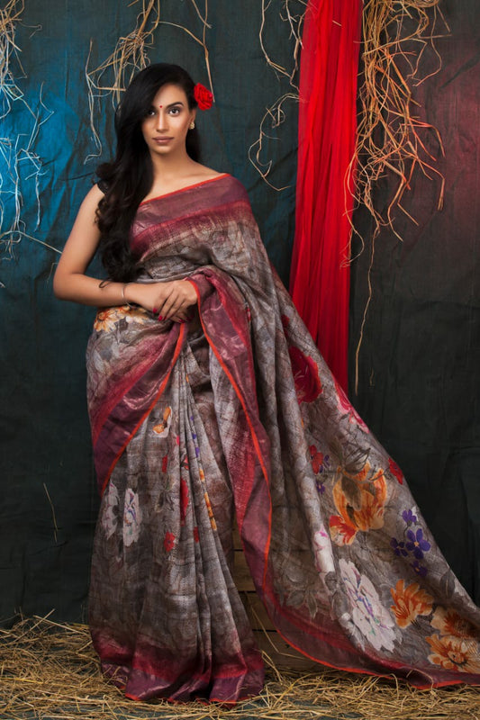 PJDC24A030 Grey Peach Pure Handloom Linen Printed Saree