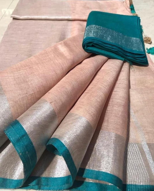 PJDC24A033 Peach Green Pure Handloom Linen Saree