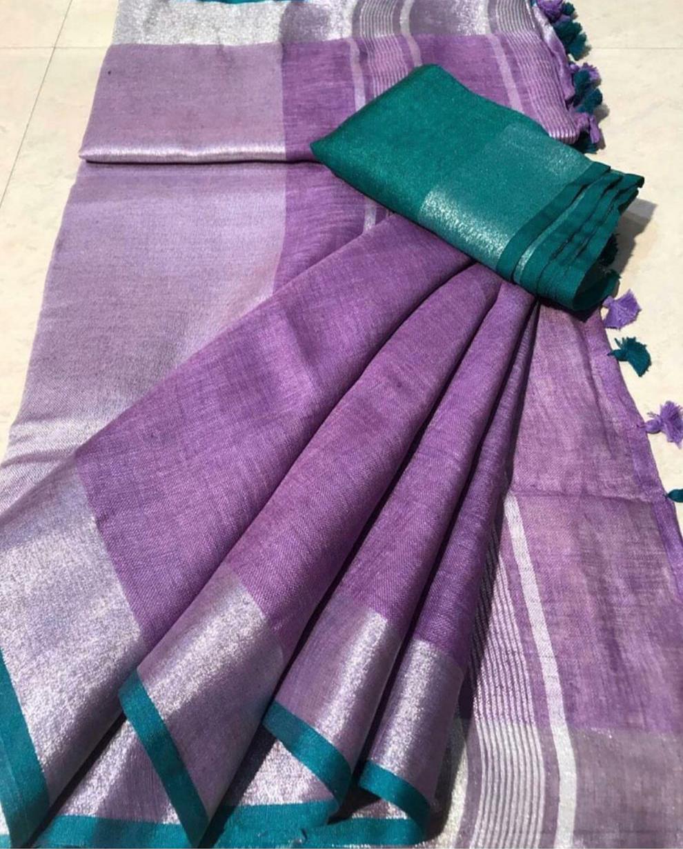 PJDC24A034 Purple Green Pure Handloom Linen Saree