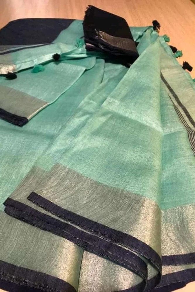 PJDC24A036 Blue Pure Handloom Linen Saree