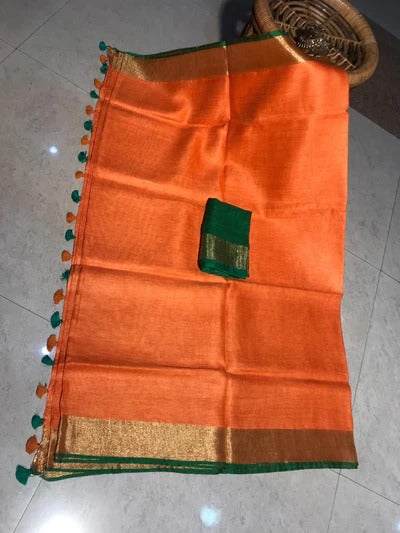 PJDC24A039 Orange Green Pure Handloom Linen Saree