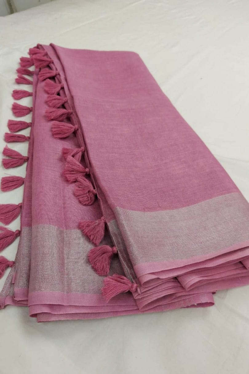 PJDC24A046 OnionPink Silver Pure Handloom Linen Saree